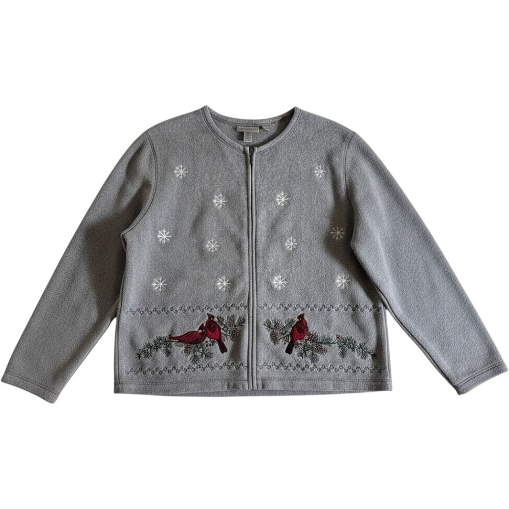 Croft & Barrow Fleece Zip Up Jacket Gray PXL Women Cardinal Snowflake Winter